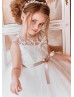 Illusion Neck Ivory Lace Tulle Slit Open Back Flower Girl Dress Illusion Neck Ivory Lace Tulle Slit Open Back Flower Girl Dress